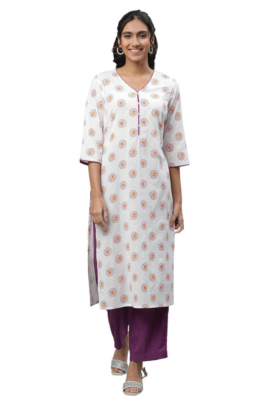 Aurelia Women's White Floral Printed Pure Cotton Straight Kurta
