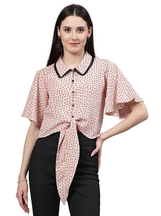 Style Quotient Women Nude and Black Polka Dot Polycrepe Tie Ups Top
