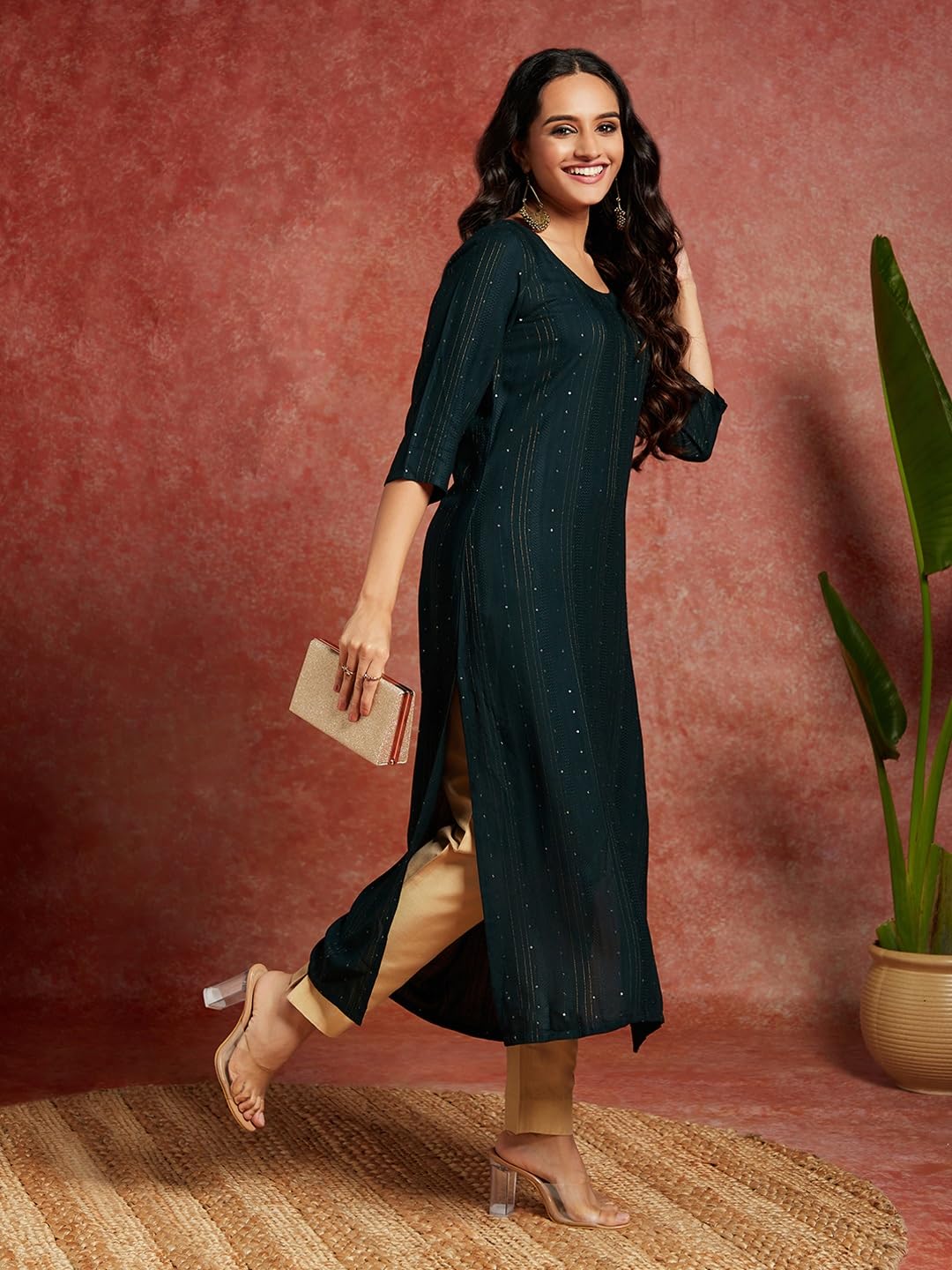 Libas Green Woven Design Rayon Straight Kurta