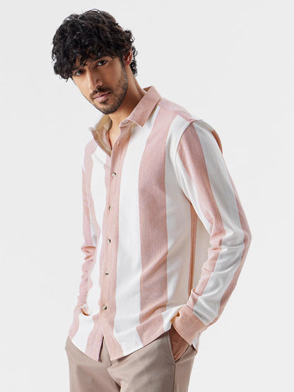 The Souled Store Men Stripes: White and Red Knit Shirt Shirts Casual Button-Down Half Sleeve Printed Graphic Short Sleeve Casual