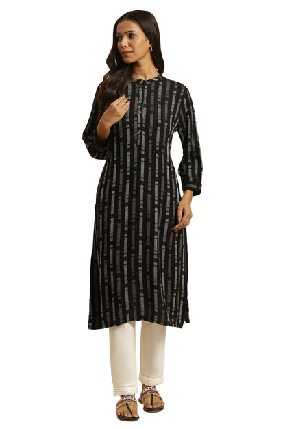 W Black Geometric Printed Straight Long Rayon Kurta For Women