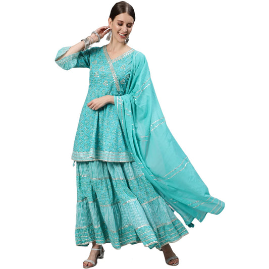 ishin Women's Pure Cotton Sea Green Embroidered & Zari work Anarkali Kurta suit set With Dupatta & Sharara