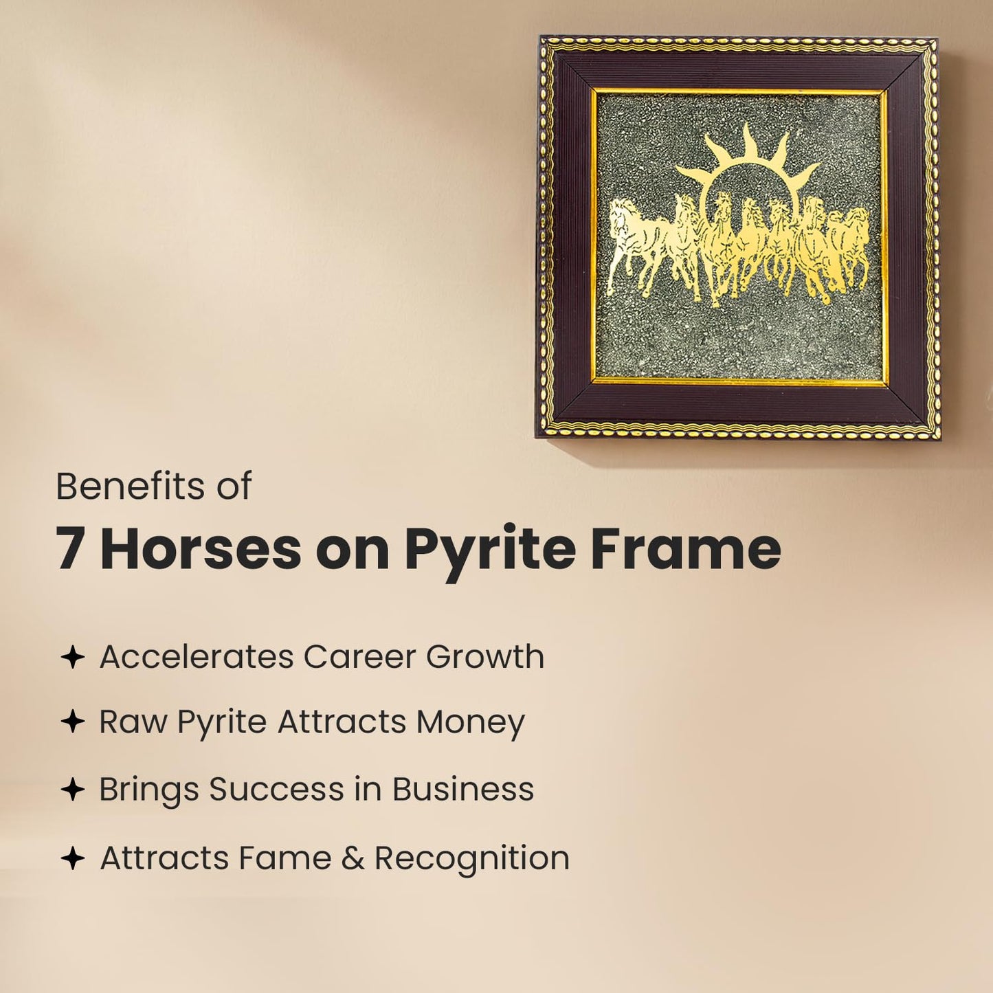 Astrotalk 7 Horses on Raw Pyrite Frame | Seven Horses Wall Decor Pyrite Stone Frame for Success & Fame | Vastu Items for Money Attraction | Wall Decor | Ideal Gift | 7.5x7.5 Inch | 1 Piece