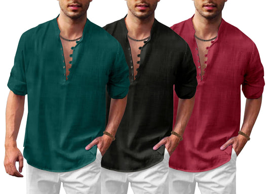Finivo Fashion Combo Of MenS Solid Cotton Blend Straight Kurta Shirt Pack Of 3