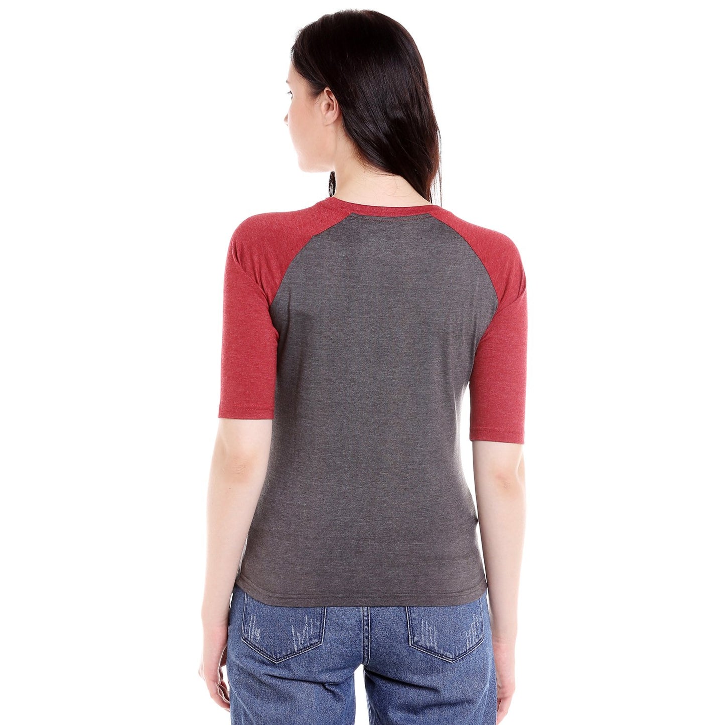 Campus Sutra Womens Red & Charcoal Grey Raglan Sleeve Top for Casual Wear | Crew Neck | Short Sleeve | Poly Cotton Top Crafted