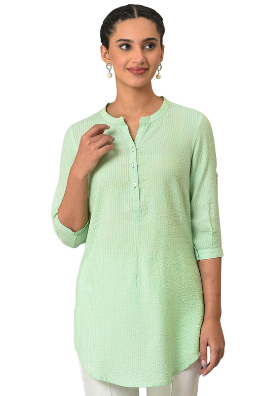 Aurelia Green Textured Cotton Rayon Blend Regular Kurti