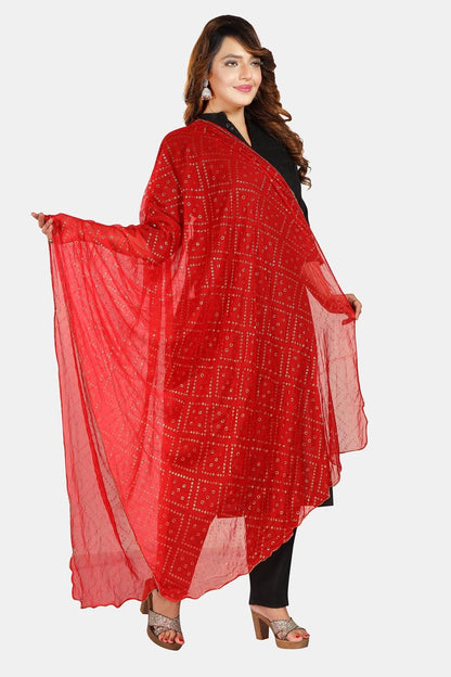 Fabme Women'S Silk Blend Printed Dupatta With Embellish Golden Border Red, Free Size