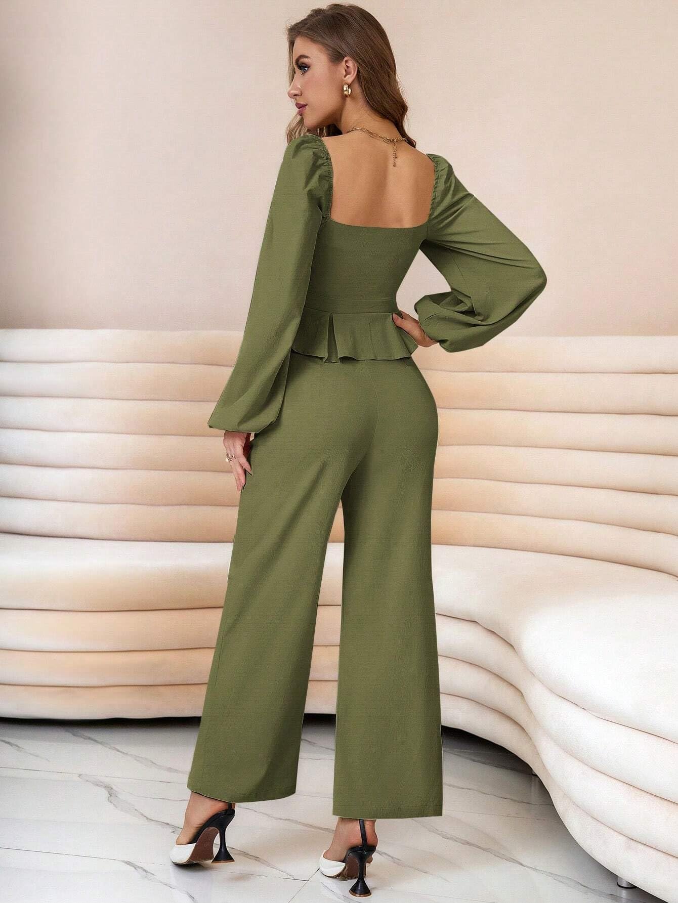 Kotty WomenS Solid Relaxed Fit Full Sleeve Co-Ord Top And Trouser Set. Olive Green