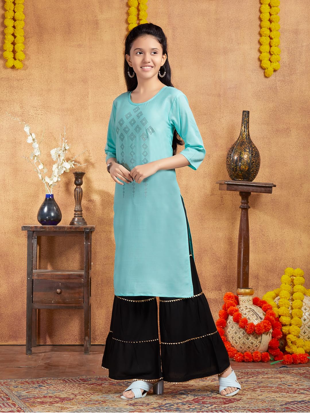 Aarika Girls Casual Wear Sea Green Colour Embellished Cotton Kurti (9-16 Years)