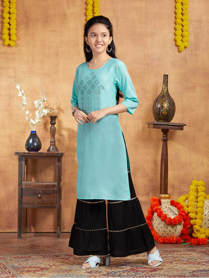 Aarika Girls Casual Wear Sea Green Colour Embellished Cotton Kurti (9-16 Years)