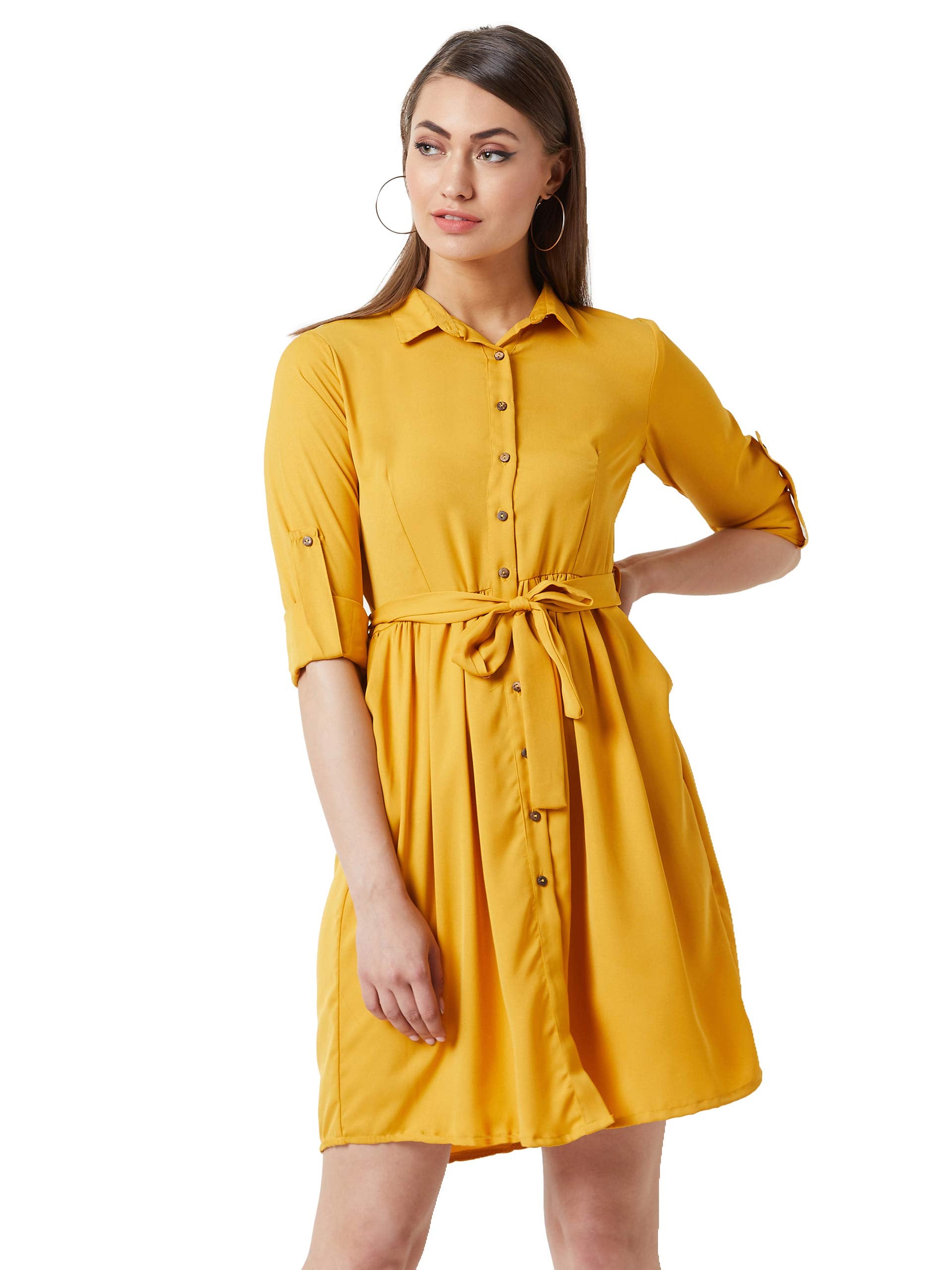Miss Chase WomenS Mustard Yellow Knee-Long Shirt Dress(Mcaw18D12-38-183-06,Mustard Yellow,X-Large)
