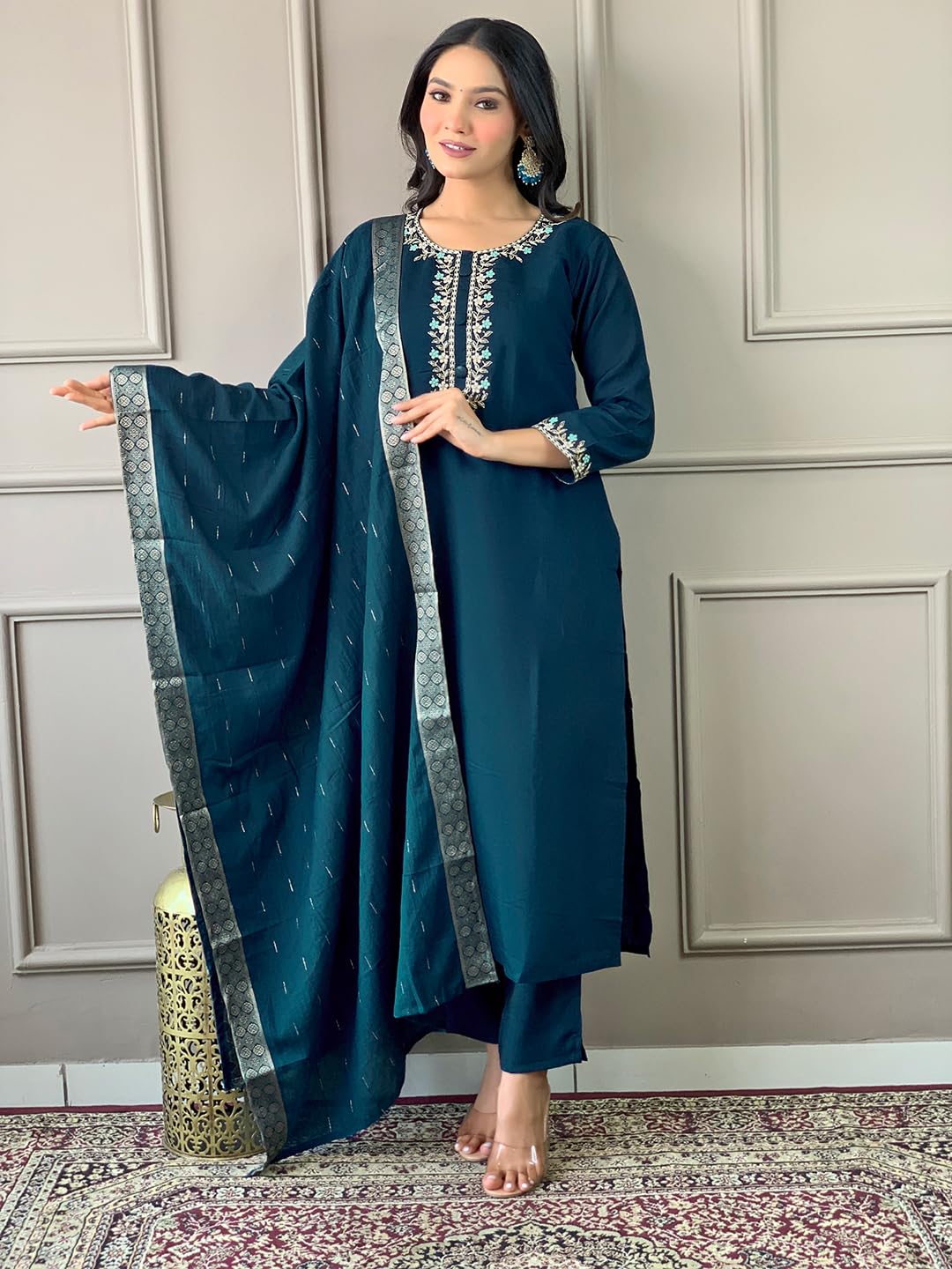 Naixa Womens Petrol Chanderi Viscose Embroidered Straight Kurta with Chanderi Viscose Pant and Cotton Laced Dupatta Sets (NX-S-