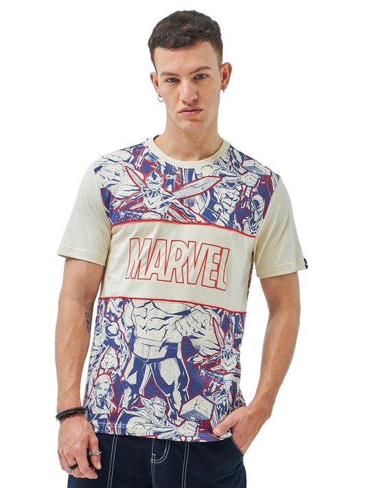 Bewakoof Official Marvel Merchandise Mens All Over Printed Regular Fit Half Sleeve Round Neck Cotton Jersey T-Shirt_ 617011 Bro