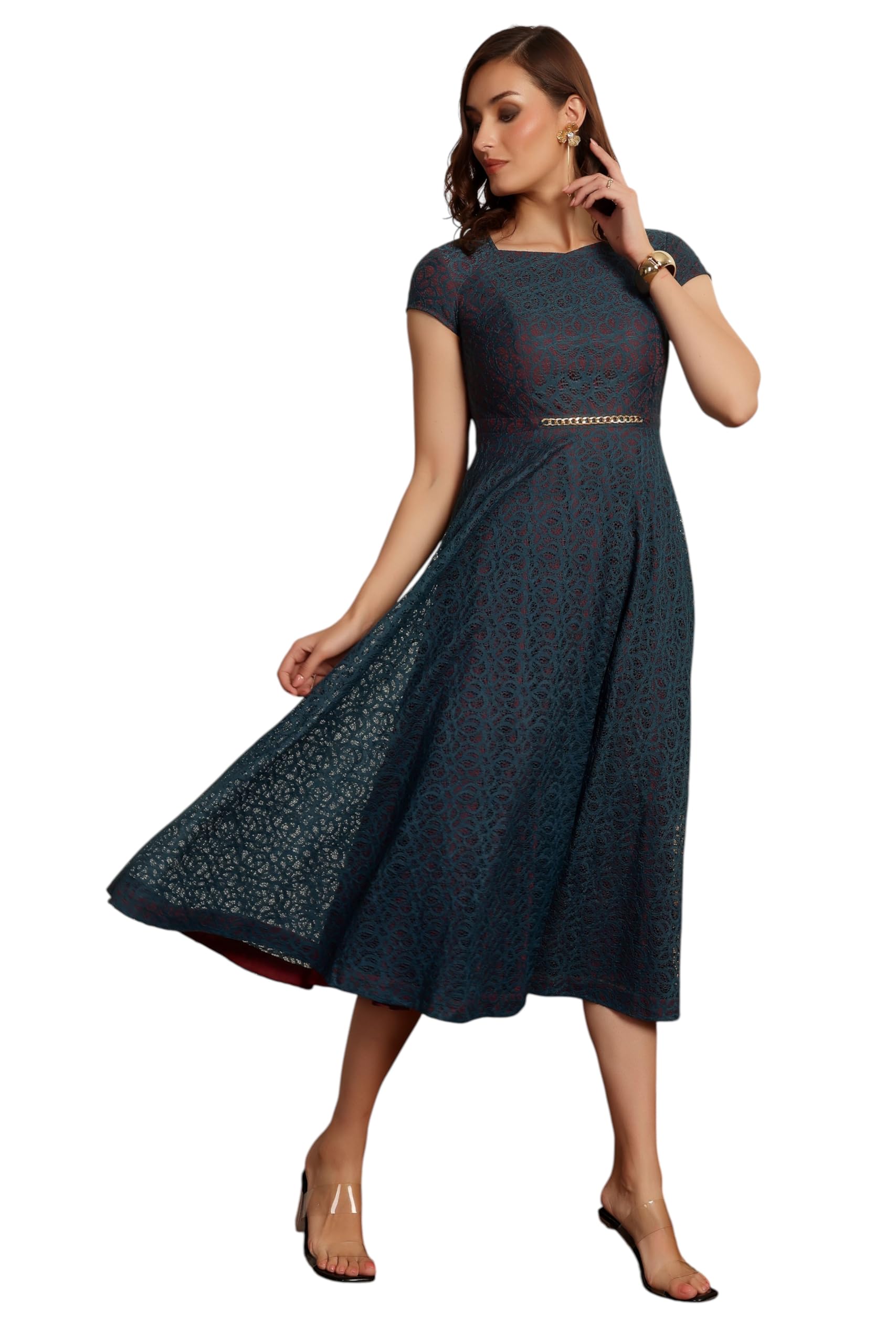Miss Chase Womens Sweetheart-Neck Short Sleeve Self-Designed Lace Overlaid Midi Dress (Mcss25D16-77-83-03, Teal, S)