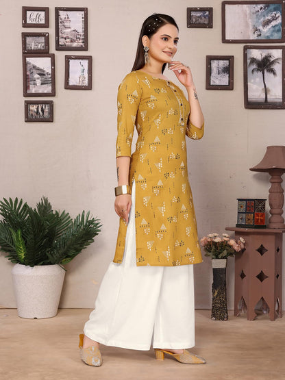 rangita Mustard Rayon Straight Printed Knee Length Kurti | Kurta for Women