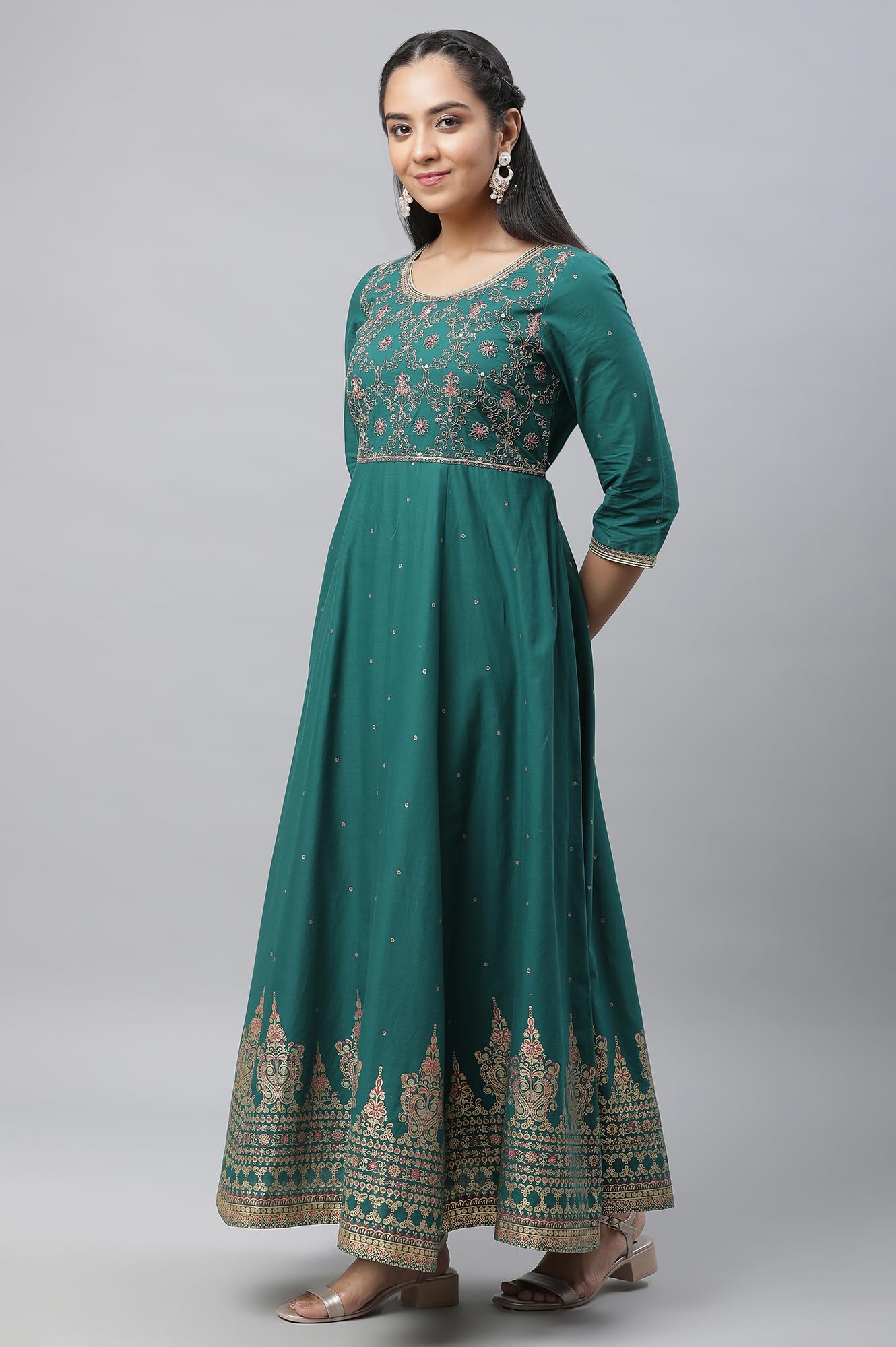 Aurelia Green Ethnic Motif Cotton Anarkali Kurta With Zari