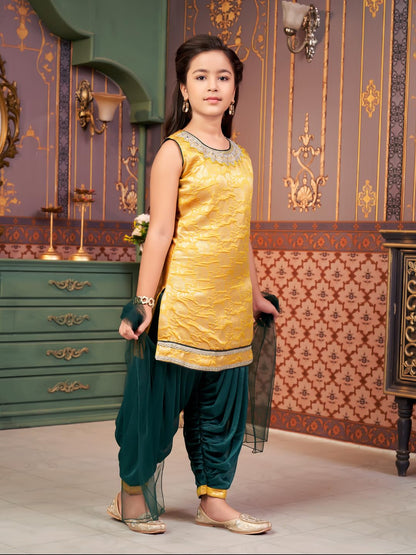 Aarika Girls Ethnic Wear Yellow-Green Colour Mirror Embroidery Brocade Kurti Patiala Set With Dupatta-5-13 Years (Pt-18138)