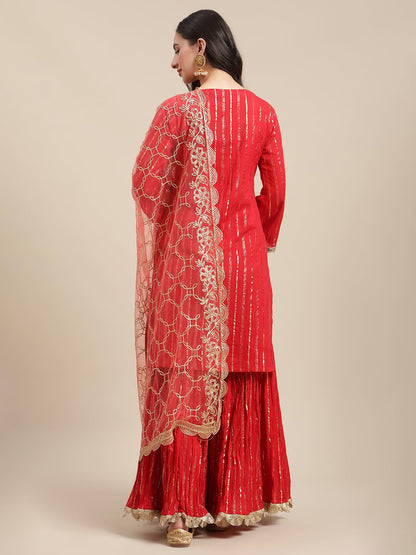 Varanga Women Red Gold Lurex Striped Straight Kurta Sharara Set with Net Gota Embellished Dupatta.