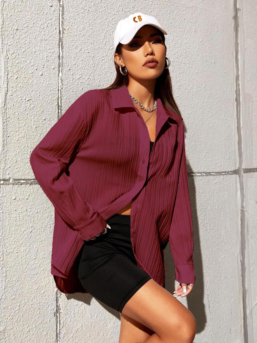 CB-COLEBROOK Womens Textured Loose Fit Button Down Shirt (WO-1035_Red