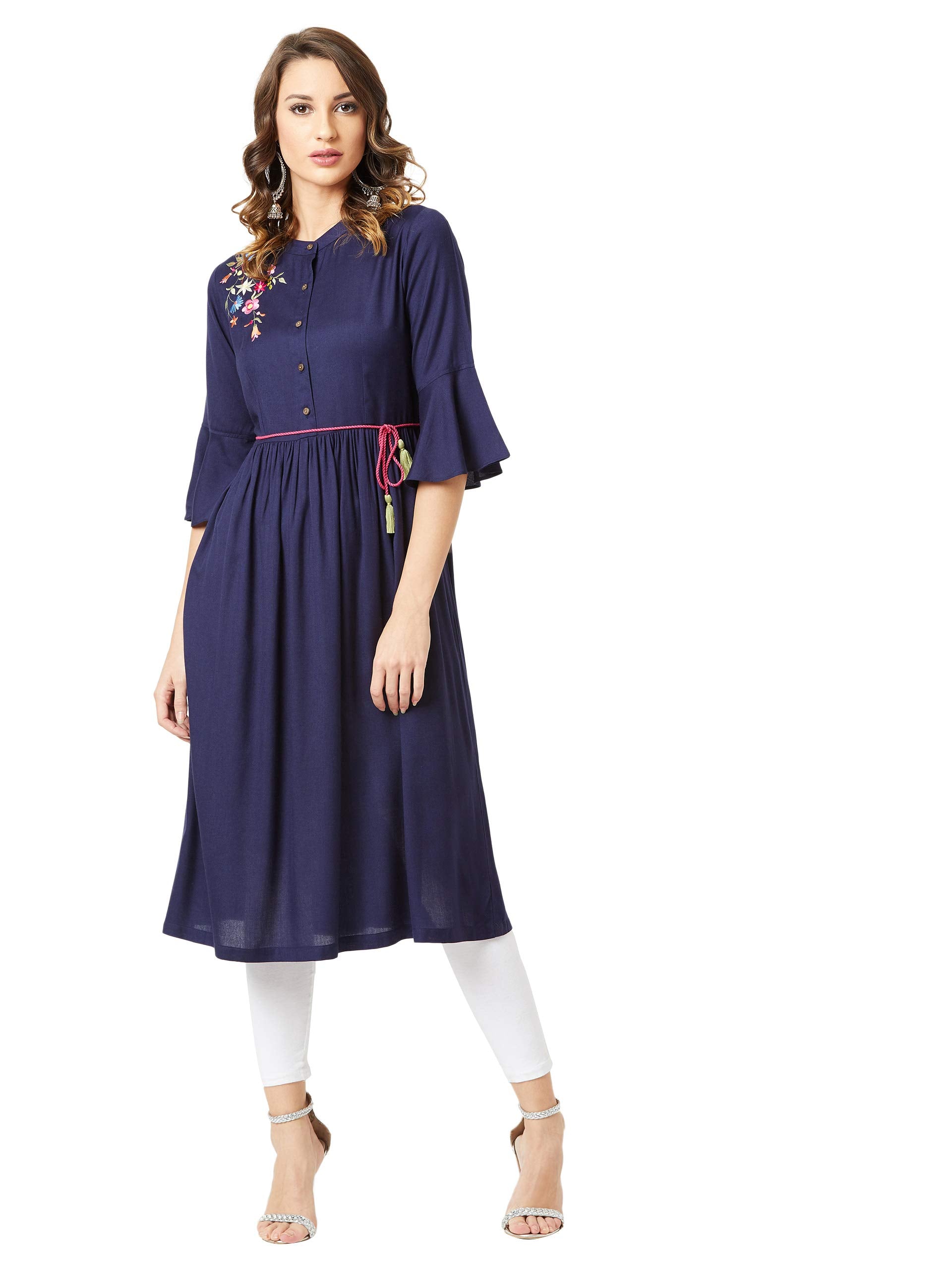 Miss Chase WomenS Navy Blue Solid Embroidered Gathered Dress(Mcss19D12-90-71-05,Navy Blue,Large)