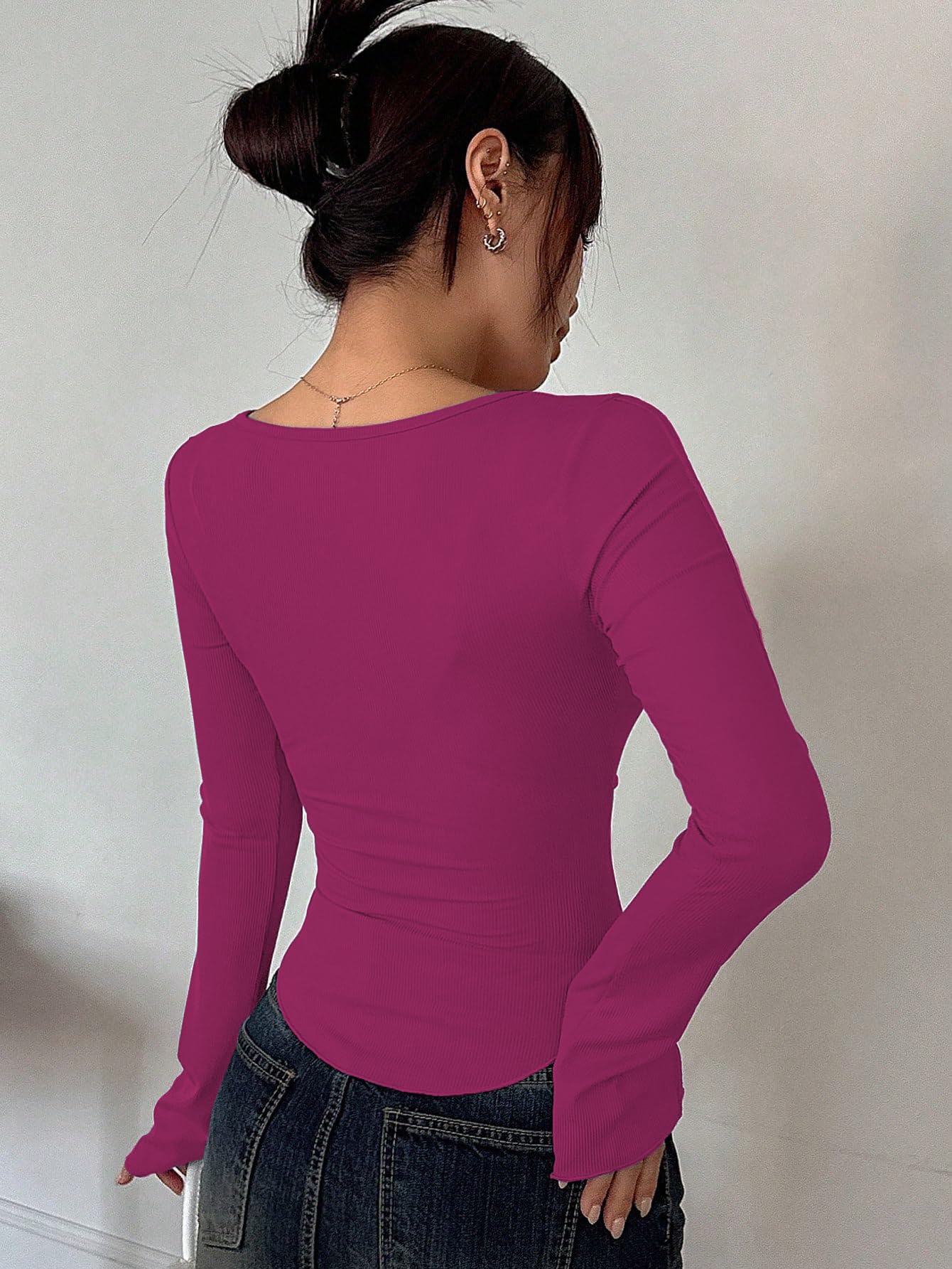 Sugathari Womens Wine Solid Long Sleeve Wrap-Style Square Split Crew Neck Bodycon Women T-Shirt Spring and Summer Top, Minimali