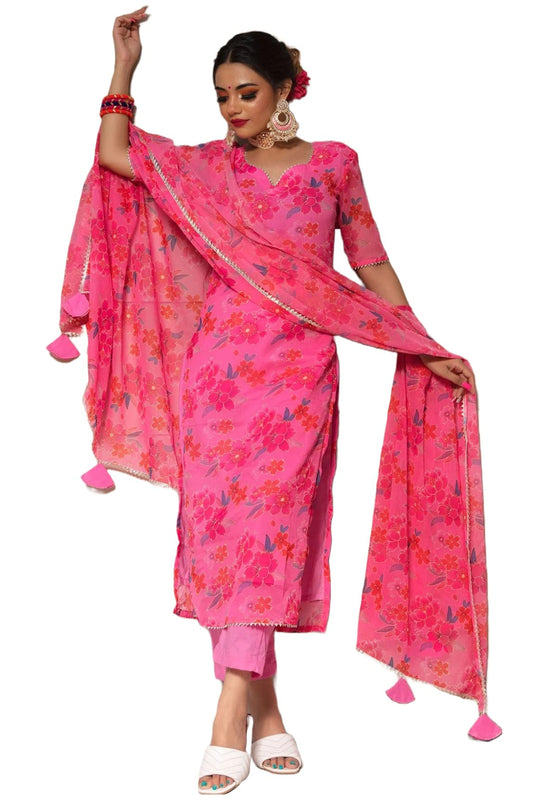 GoSriKi Women's Rayon Floral Printed Straight Kurta with Pant & Dupatta (AAMANTRAN-Pink-GS)