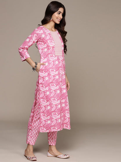 anubhutee Women's Pure Cotton Floral Printed Blue Kurta Suit Set with Trousers & Dupatta