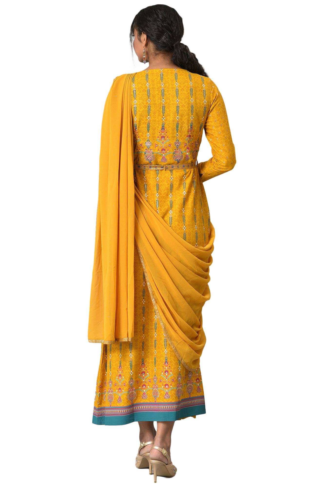 W For Woman Dark Yellow Ethnic Motif Glitter Sequin Stylised Dress