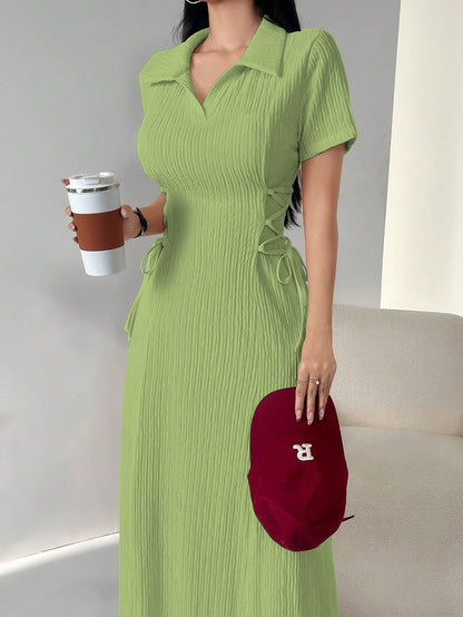Shasmi Womens Green Solid Color Applique Lace-Up Collared Short Sleeve, Side-Tie Waist Long Casual Maxi Women Dress Outfit Long