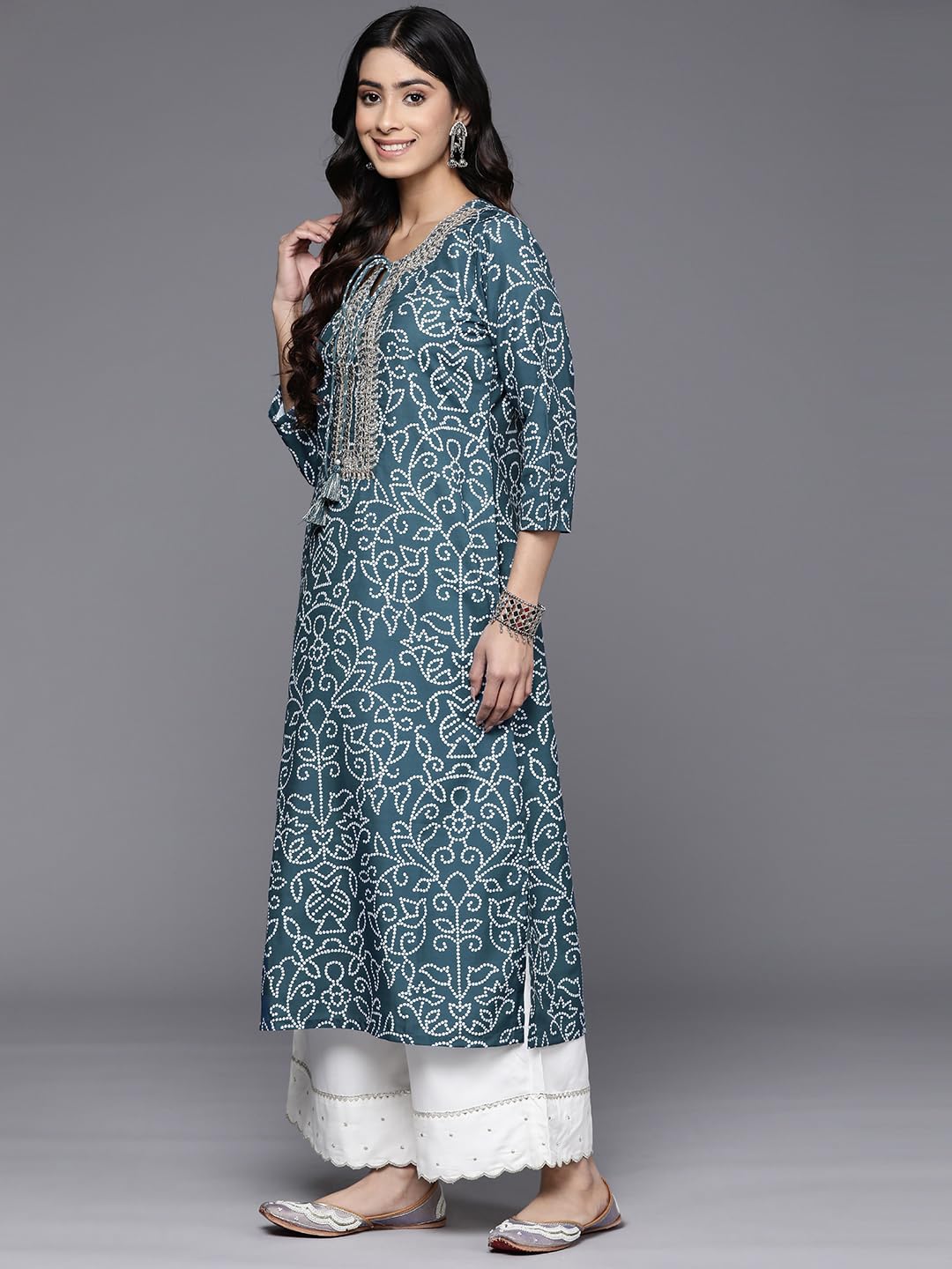 Blue Bandhani Printed, Three Quarter Sleeve, Round Neck With Drawstring, Embellished With Gotta, Side Slit Straight Kurta
