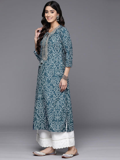 Blue Bandhani Printed, Three Quarter Sleeve, Round Neck With Drawstring, Embellished With Gotta, Side Slit Straight Kurta