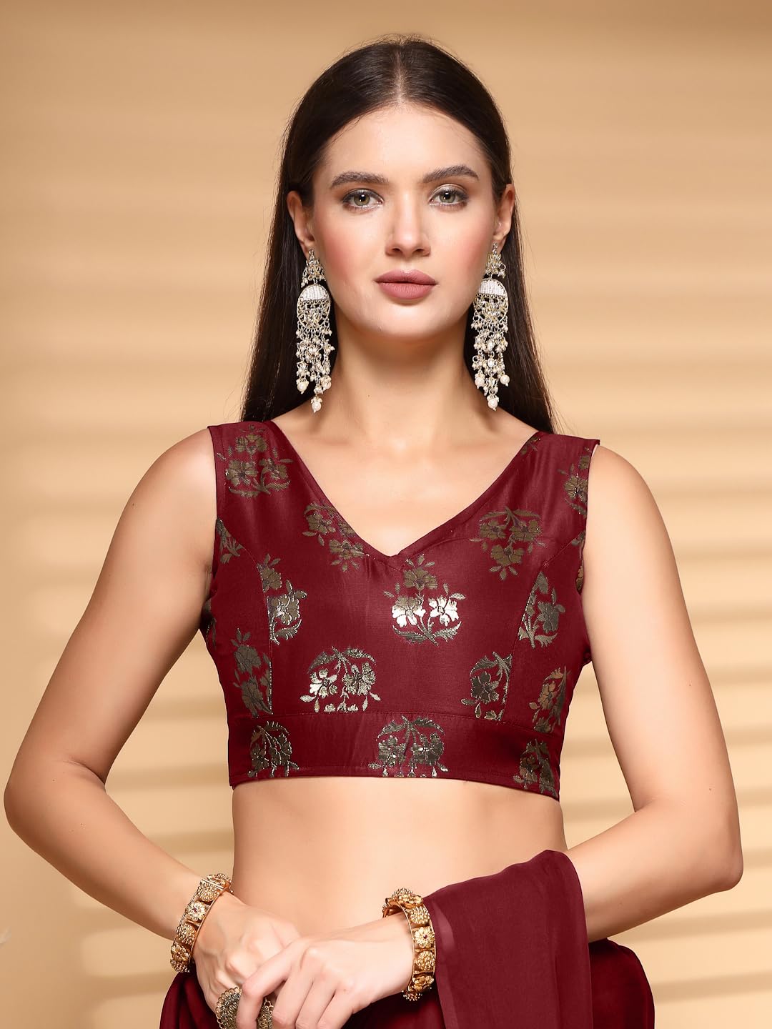 Oomph! Readymade Blouse For Women, Brocade, Sleeveless, V-Neck, Rbbl673