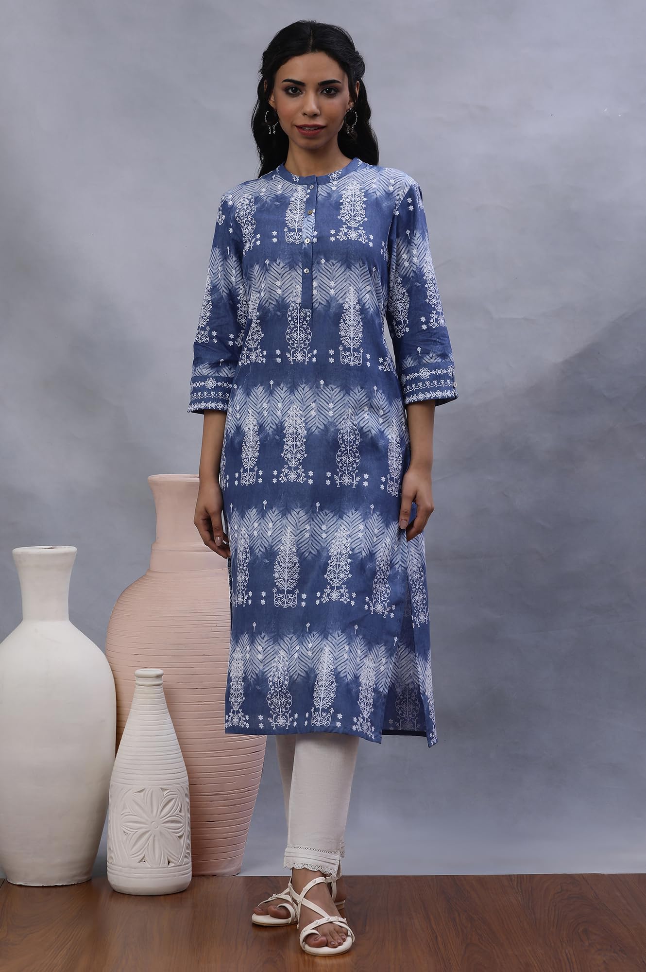 W for Woman W Women Blue Printed Cotton Straight Kurta