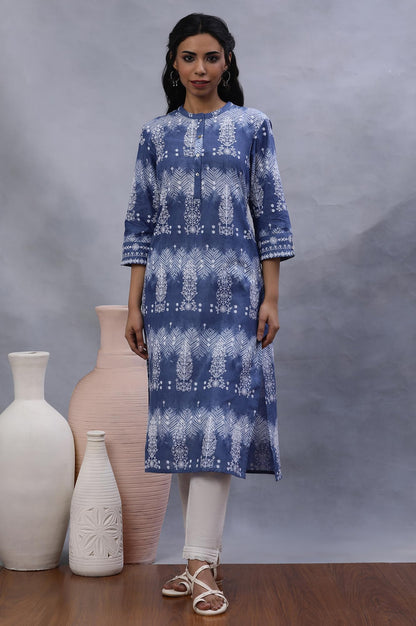 W for Woman W Women Blue Printed Cotton Straight Kurta