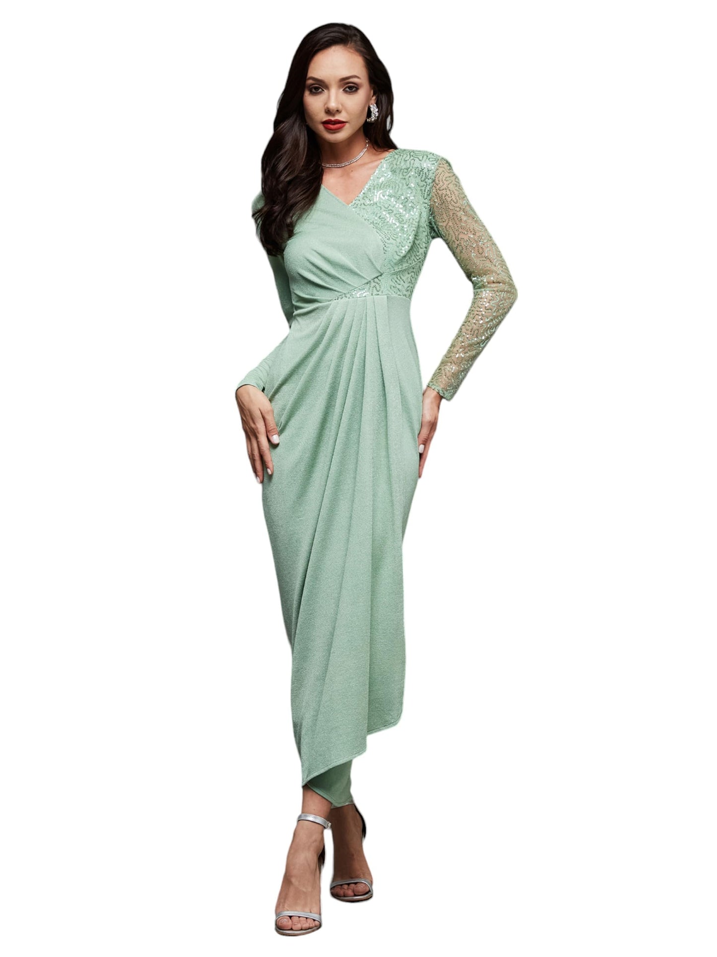 Miss Chase WomenS Embellished V-Neck Full Sleeve Pleated Slim Fit Maxi Dress (Mcss24D97-53-79-06, Mint, Xl)