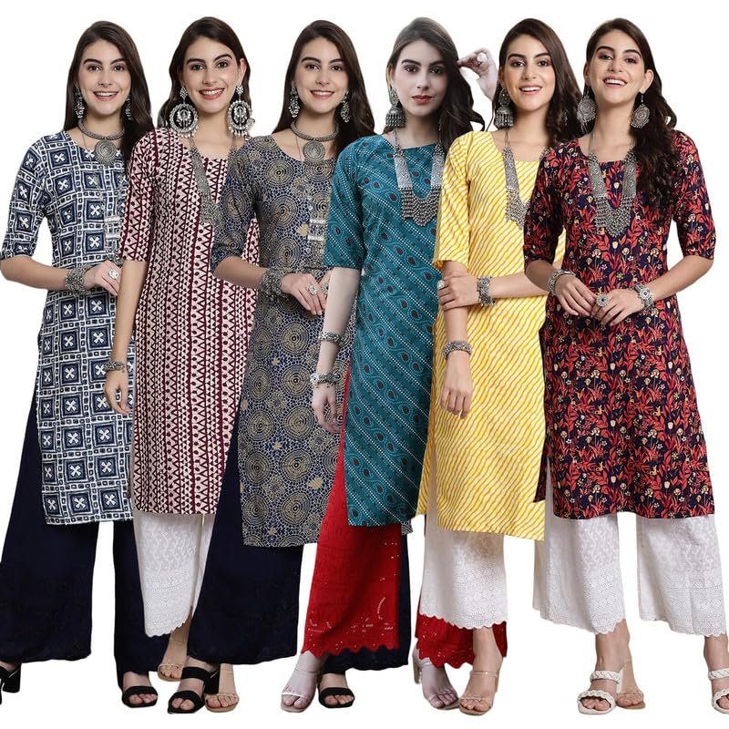 Pinkmint WomenS Crepe Kurti Round Neck Straight Kurti For Women Comfortable Kurti Regular Wear Kurti For WomenS (Pack Of 6)