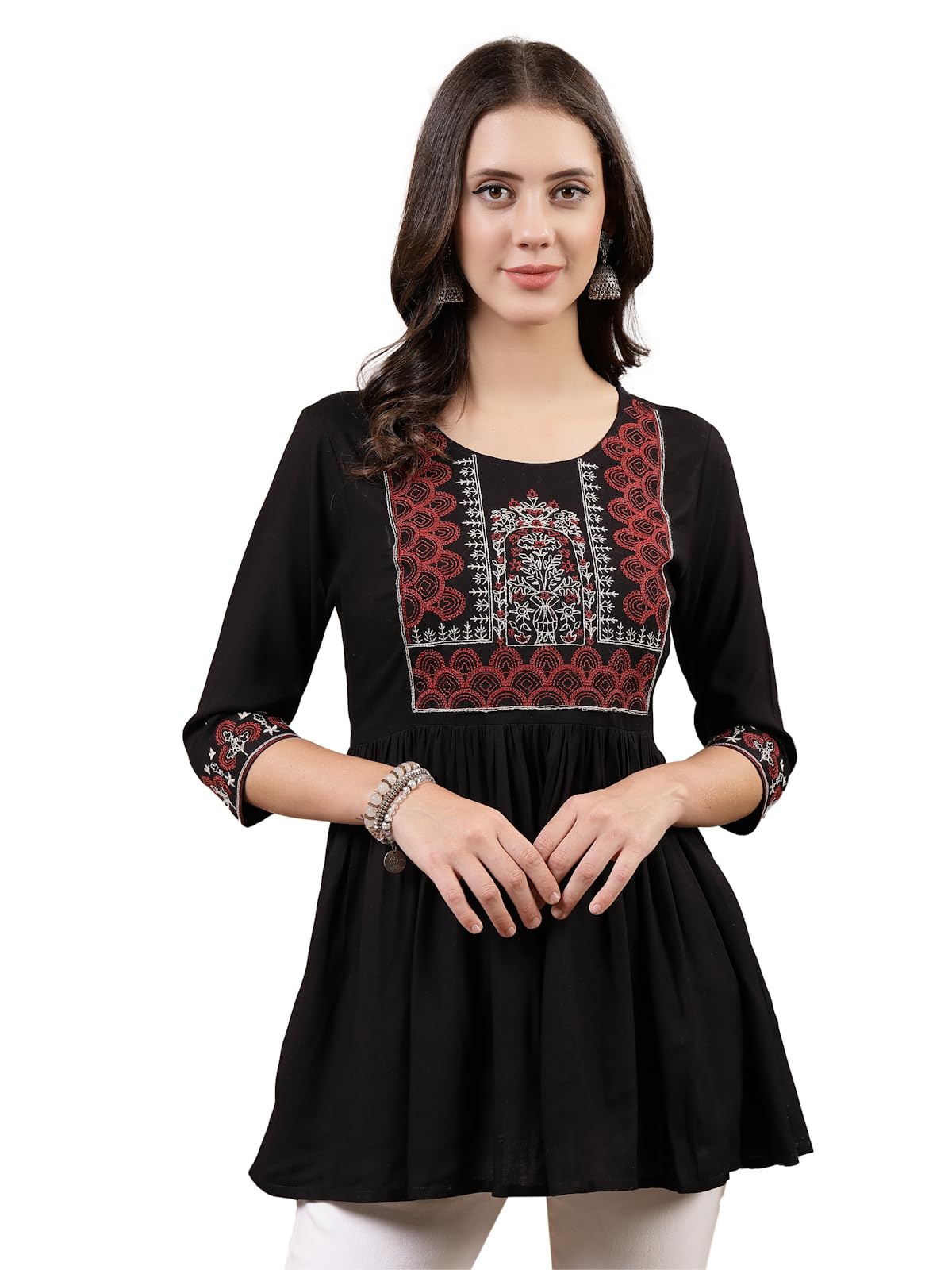 Stylum Womens Black Solid & Embroidered Rayon Peplum Top