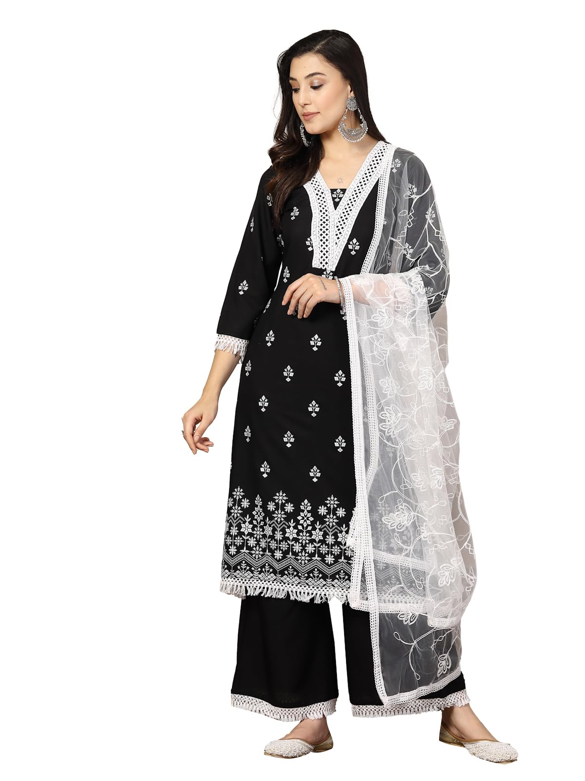 Stylum WomenS Black Ethnic Printed Rayon A-Line Kurta Palazzo Dupatta Set