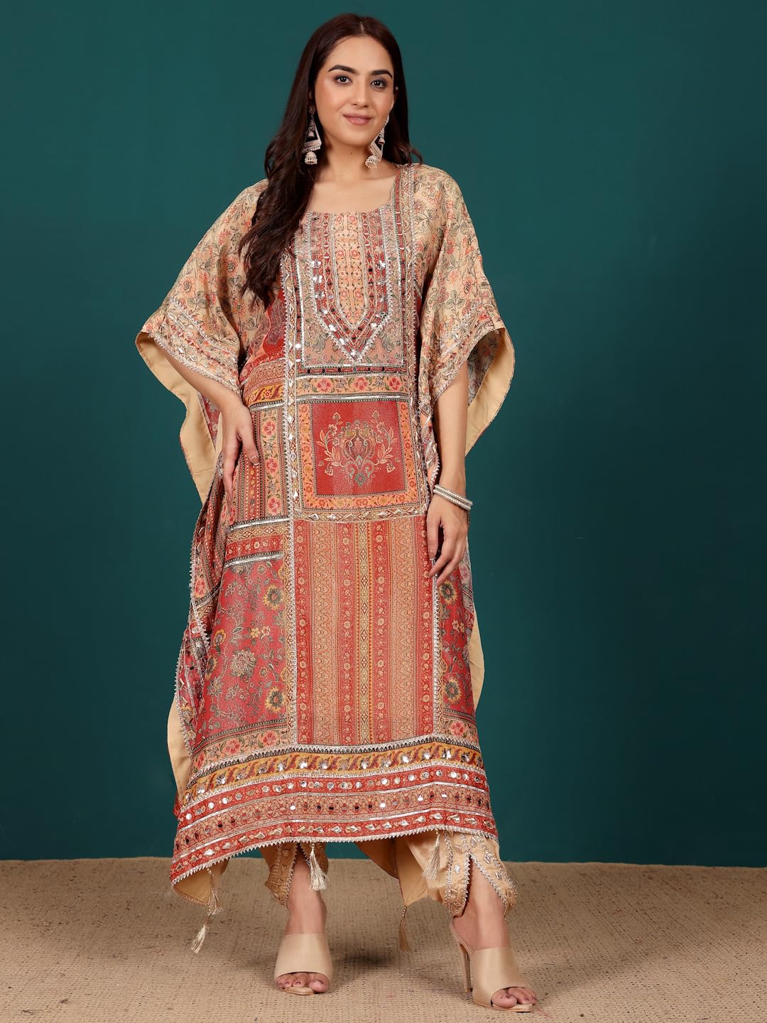Varanga Women Ethnic Printed Mirror & Gota Embelished Kaftan with Dhoti Pants