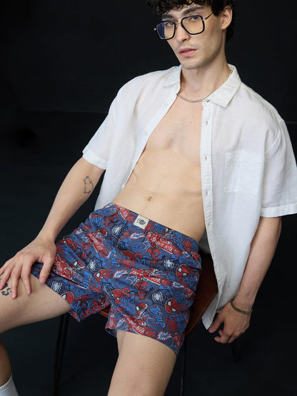 The Souled Store Spider-Man: Thwip Men and Boys Blue All Over Printed Regular Fit Cotton Boxer Shorts
