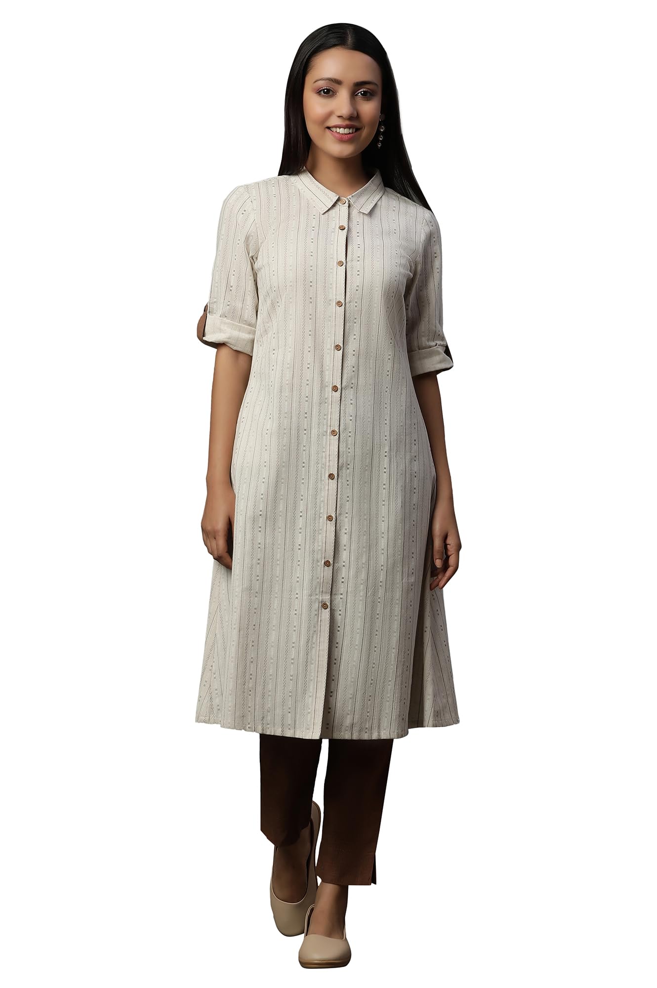 Aurelia Women Striped Cotton A-line Kurta_24FEA15024_S Off White