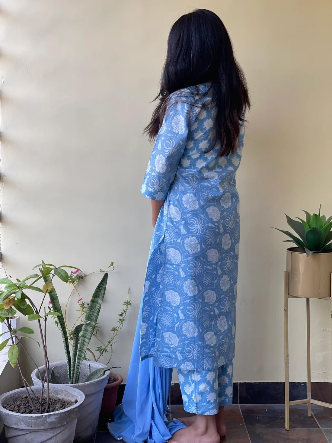Gosriki WomenS Cotton Blend Straight Printed Kurta With Pant & Dupatta (Paridhi Blue-Gs_Xl_Blue_X-Large)