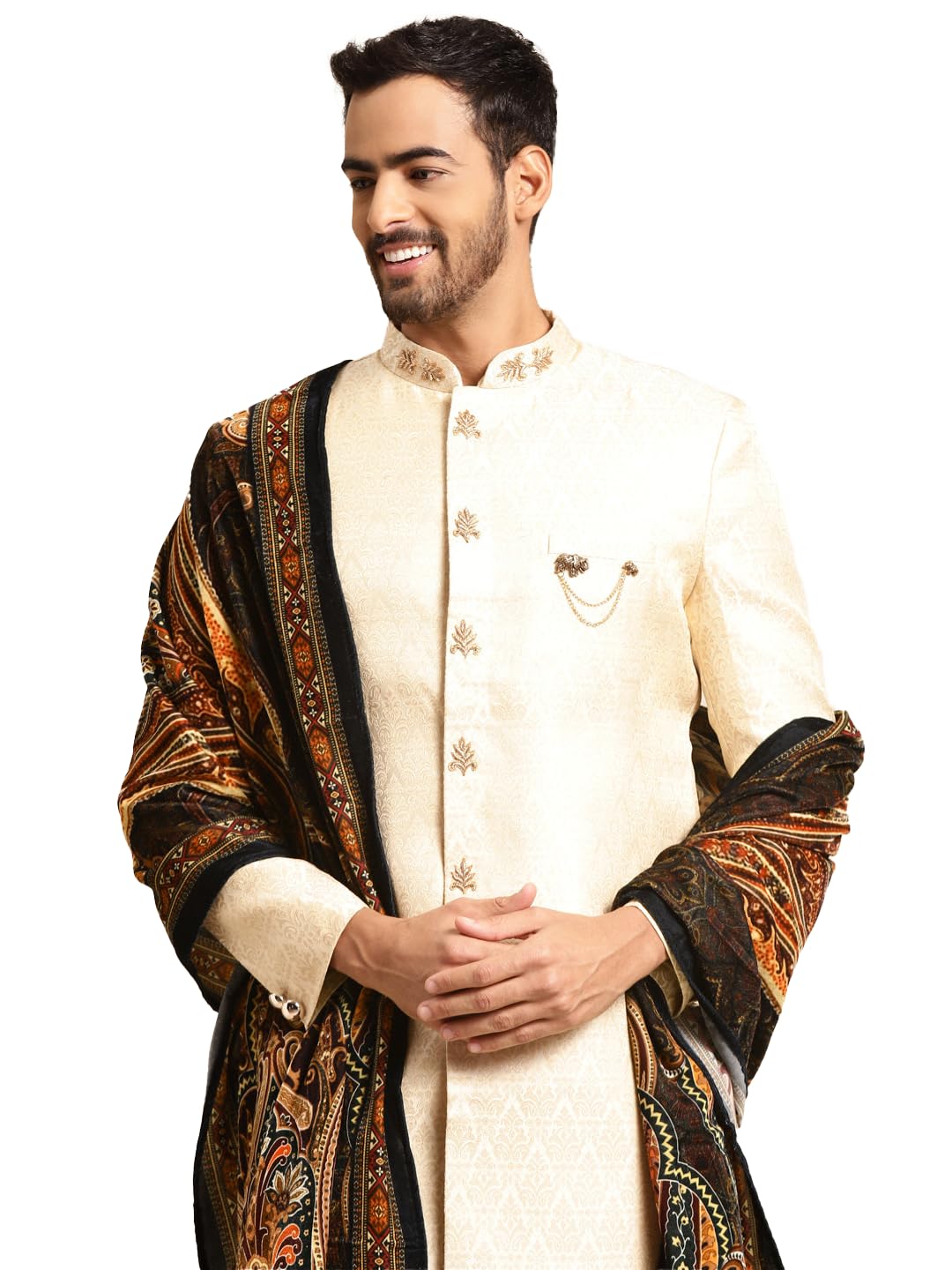 Kisah Sherwani Set With Dupatta For Men  Textured Silk Blend Jacquard Sherwani, Churidar & Dupatta | Traditional Indian Outfit F