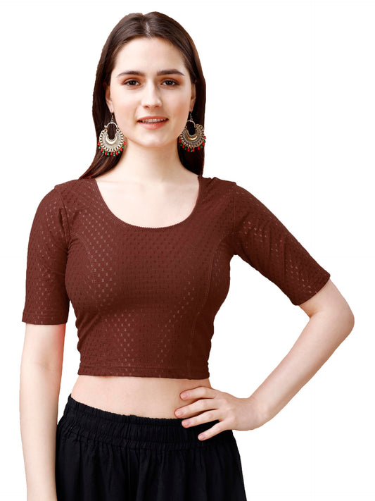 Pujia Mills WomenS Readymade Dobby Cotton Lycra Stretchable Round Neck Half Sleeve Blouse Fancy Brown Color Lycra Stretchable B