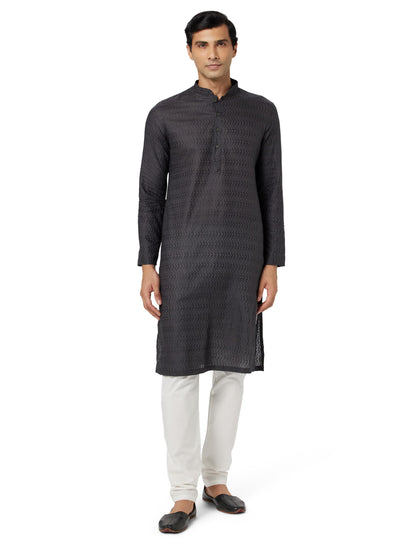 Manyavar Grey Cotton Solid Casual Kurta Set For Men