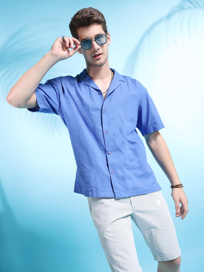 The Indian Garage Co Men Purple Solid Relaxed Fit Linen Casual Shirt
