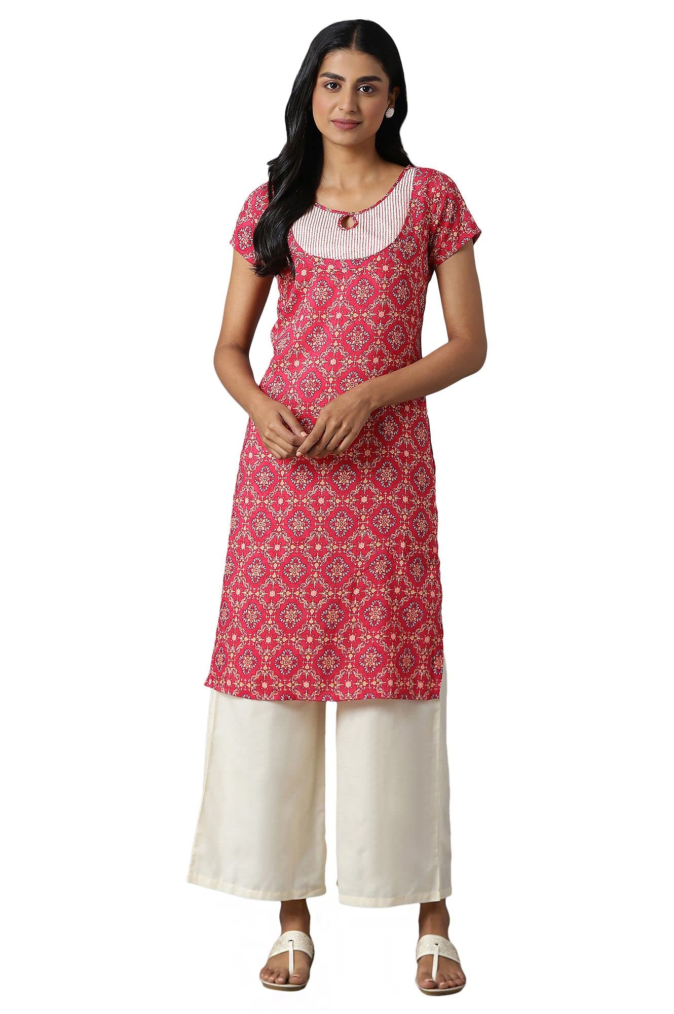 Aurelia Women Poly Voile Printed Pink Straight Kurta With Palazzo Set | Short Sleeve Printed Straight Kurta Set |Beaded Keyhole 