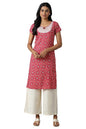 Aurelia Women Poly Voile Printed Pink Straight Kurta With Palazzo Set | Short Sleeve Printed Straight Kurta Set |Beaded Keyhole 