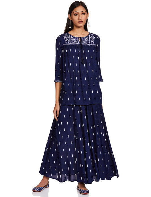 W for Woman Women Rayon Viscose Blue Printed Round Neck Top Set