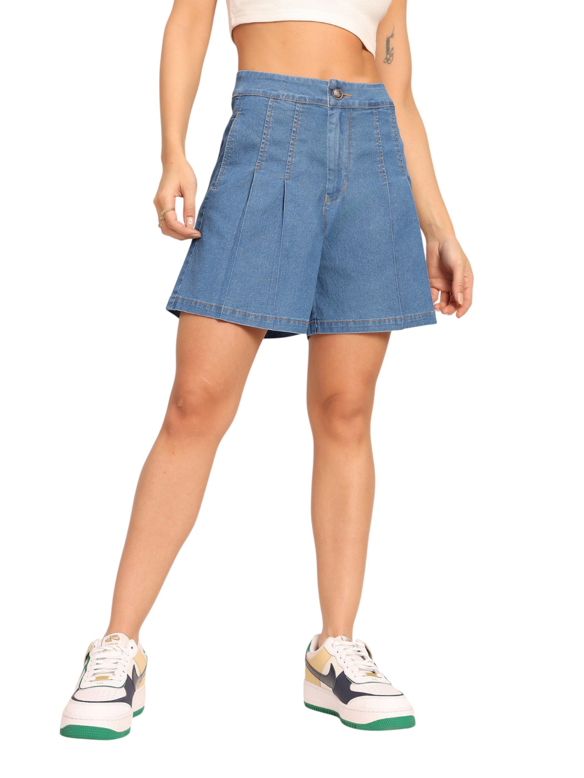 Dolce Crudo Womens Flared High-Rise Regular-Length Stretchable Special Light-Weight Denim Shorts (DOSS24DEN79-05-428-34, Admira